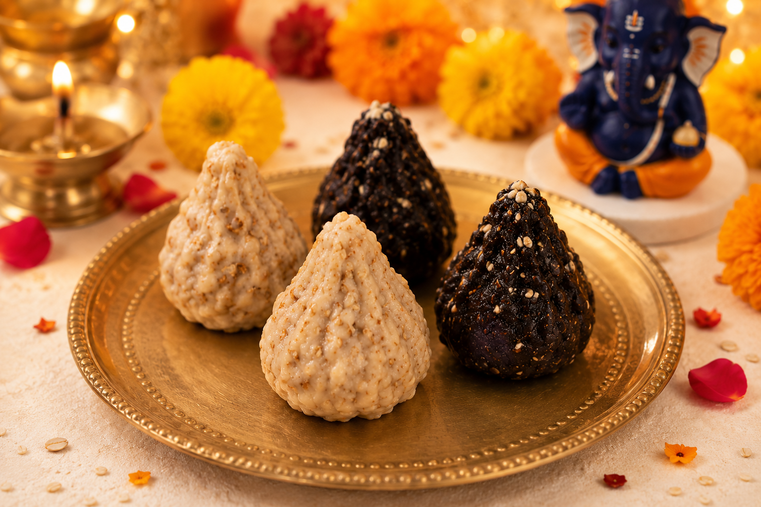 OatBuddy Oat Modaks on a brass plate with festive decor