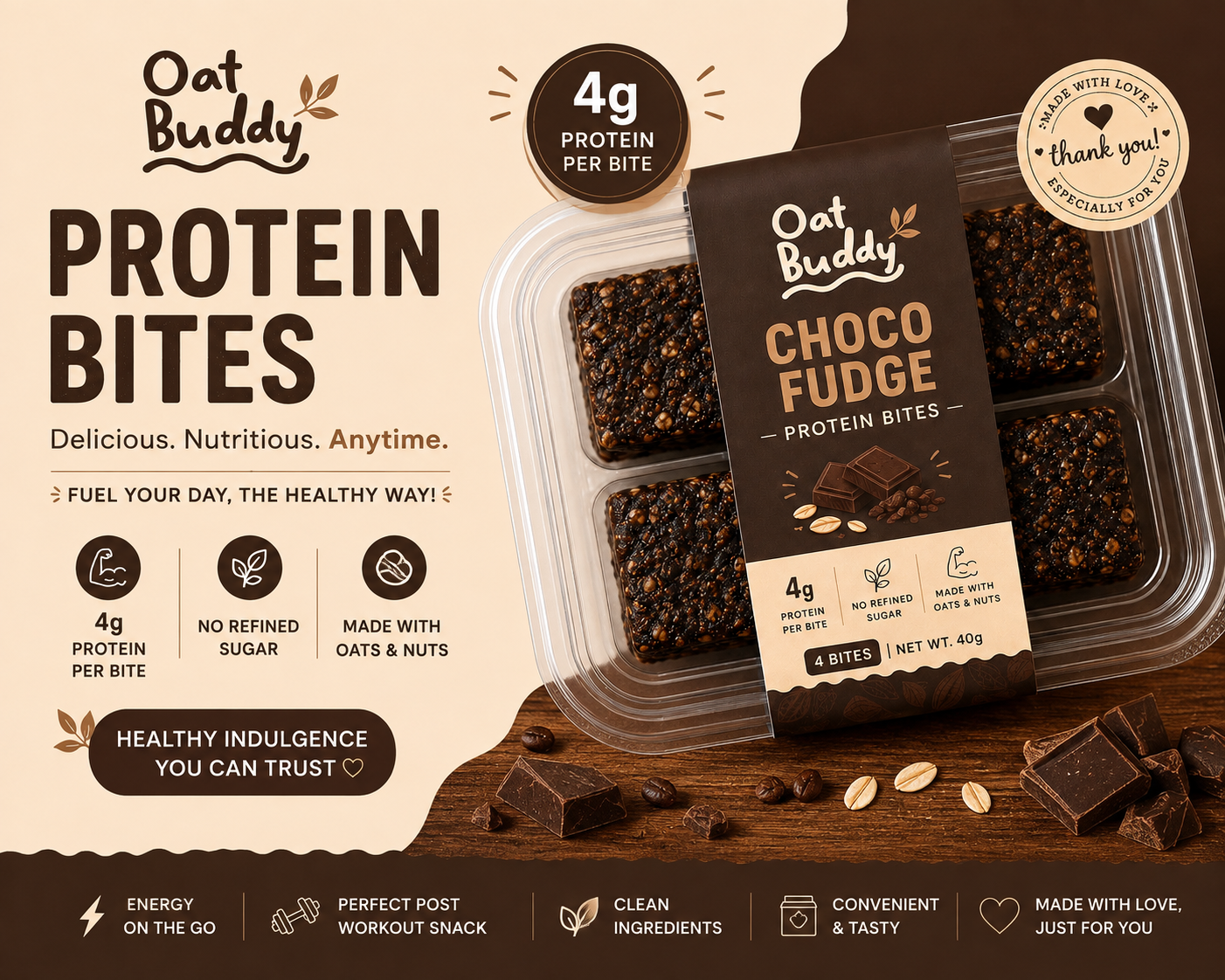 OatBuddy Choco Fudge Protein Bites marketing banner