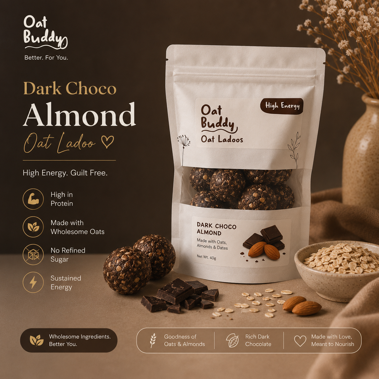 Dark Choco Almond Oat Ladoos (4 pcs)