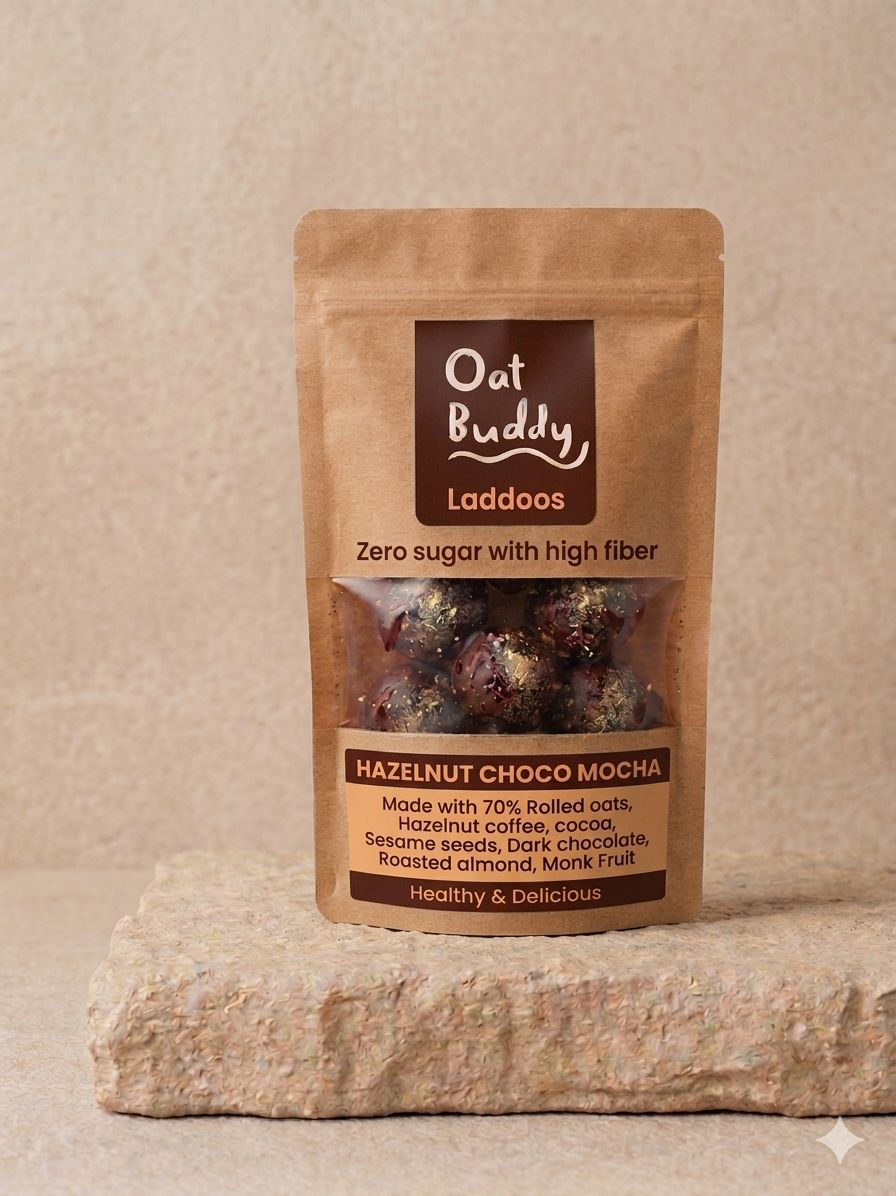 Hazelnut Coffee Ladoo — oat protein balls dusted with cocoa and hazelnut